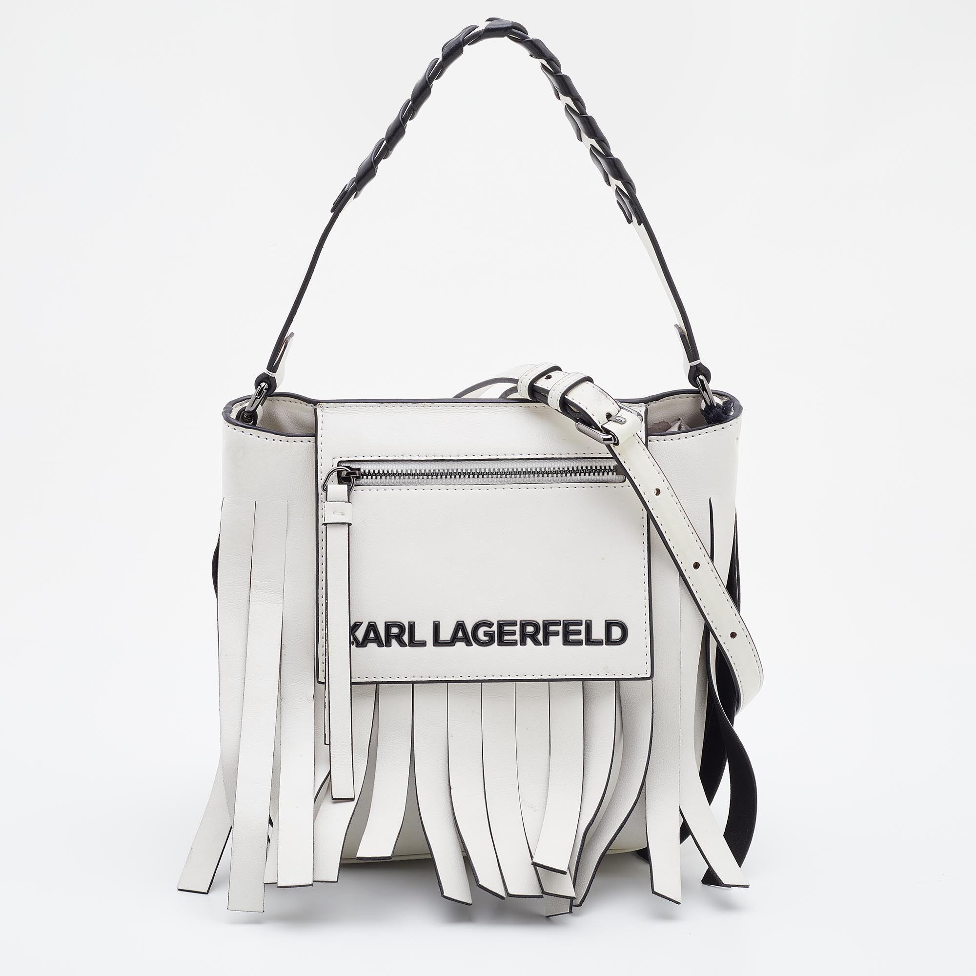 Karl Lagerfeld White/Black Faux Leather K/Fringe Hobo